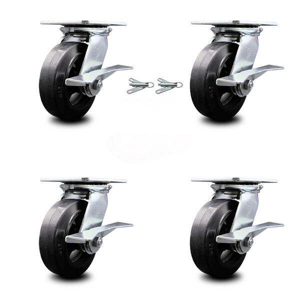 Service Caster 6 Inch Rubber on Steel Caster Set with Roller Bearing 4 Brake and 2 Swivel Lock SCC-35S620-RSR-SLB-BSL-2-SLB-2 - main